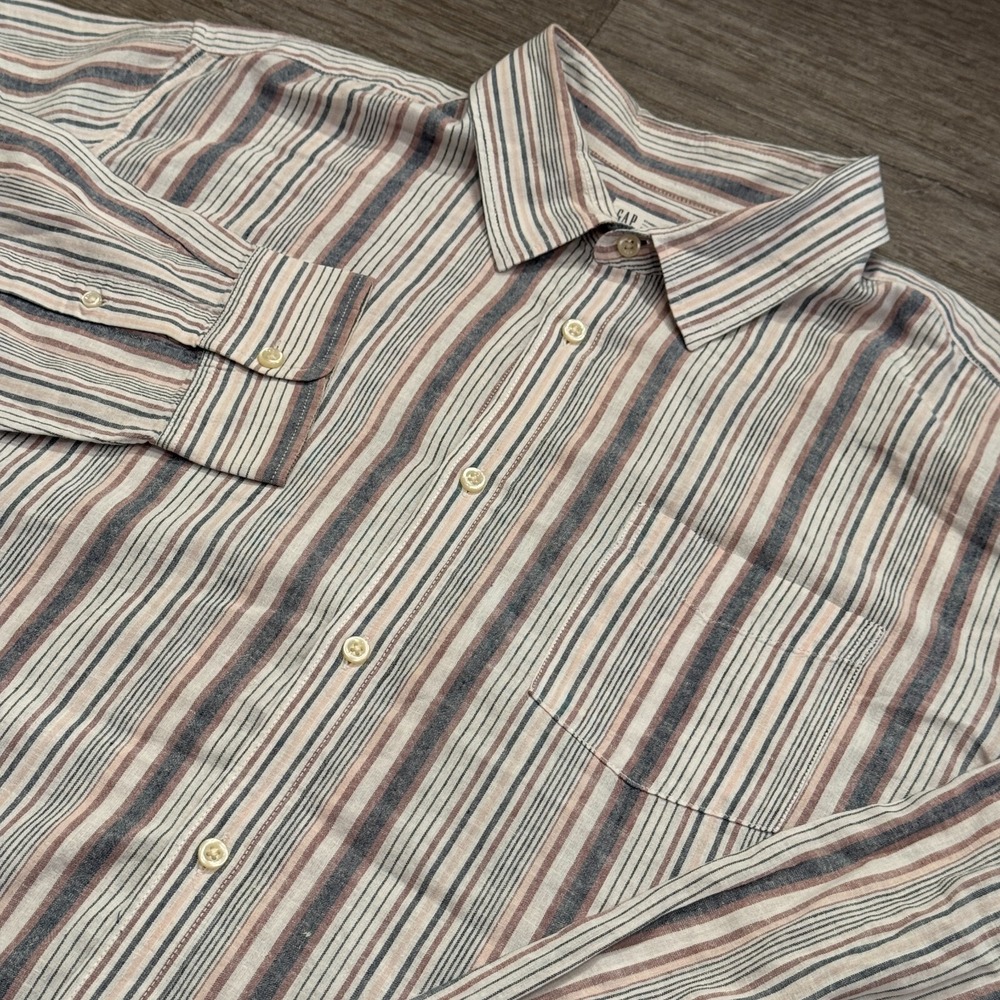 Gap Shirt Mens 2XL Stripe Linen Blend Button Up lightweight Long Sleeve Costal